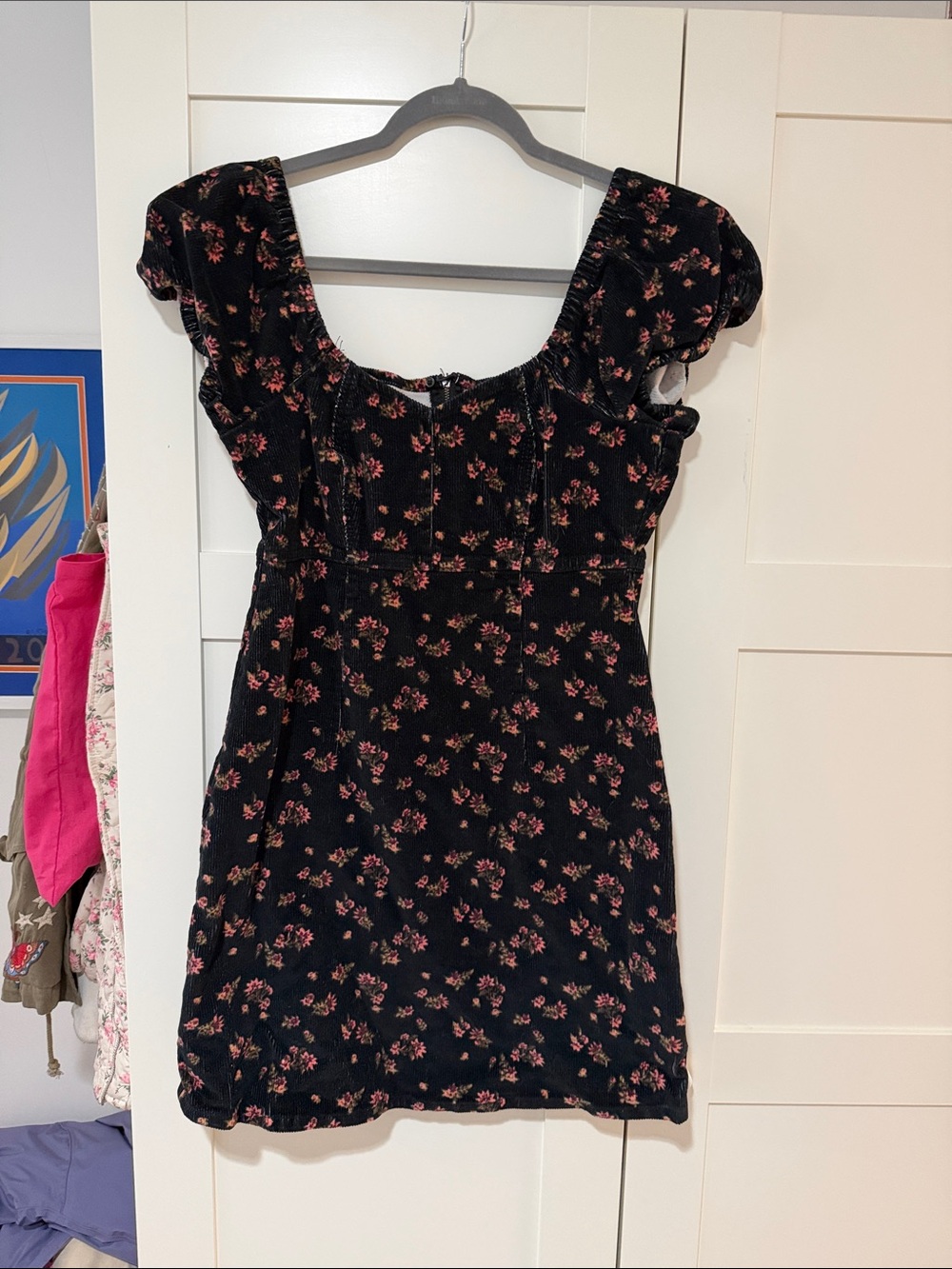 Black Corduroy Mini Dress with Pink Floral Print